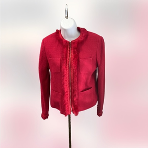 Dalia Womens Faux Rabbit Fur Trim Zipper LongJacket Pink Sz 4P Wool Blend‎